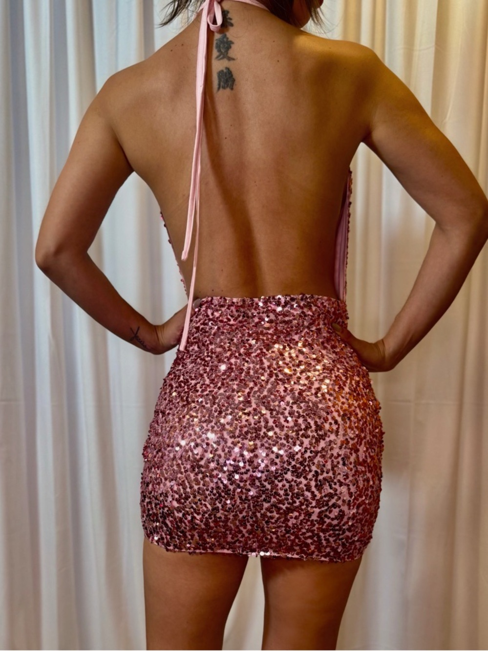 Elegant Monarch Pink Sequin Halter Mini Dress